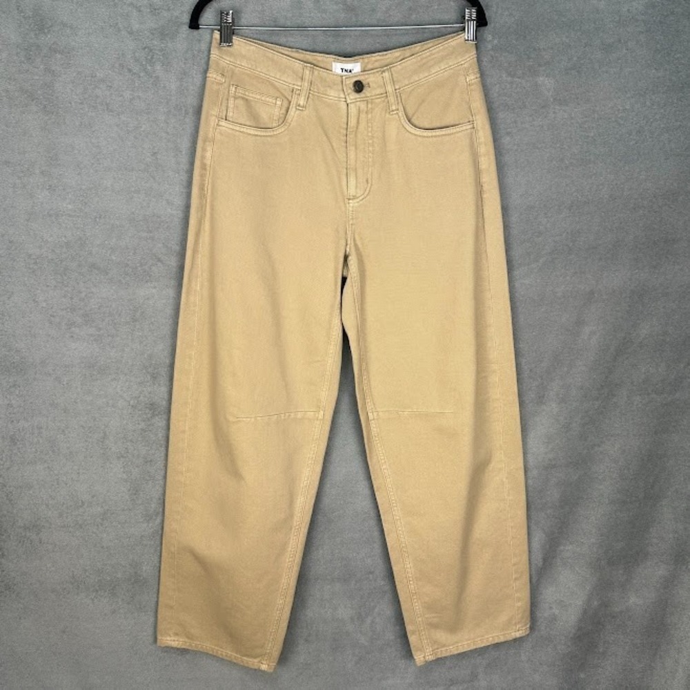 Aritzia TNA Joni Jeans Womens 4 Tan Wide Leg Pockets High Rise Adjustable Waist